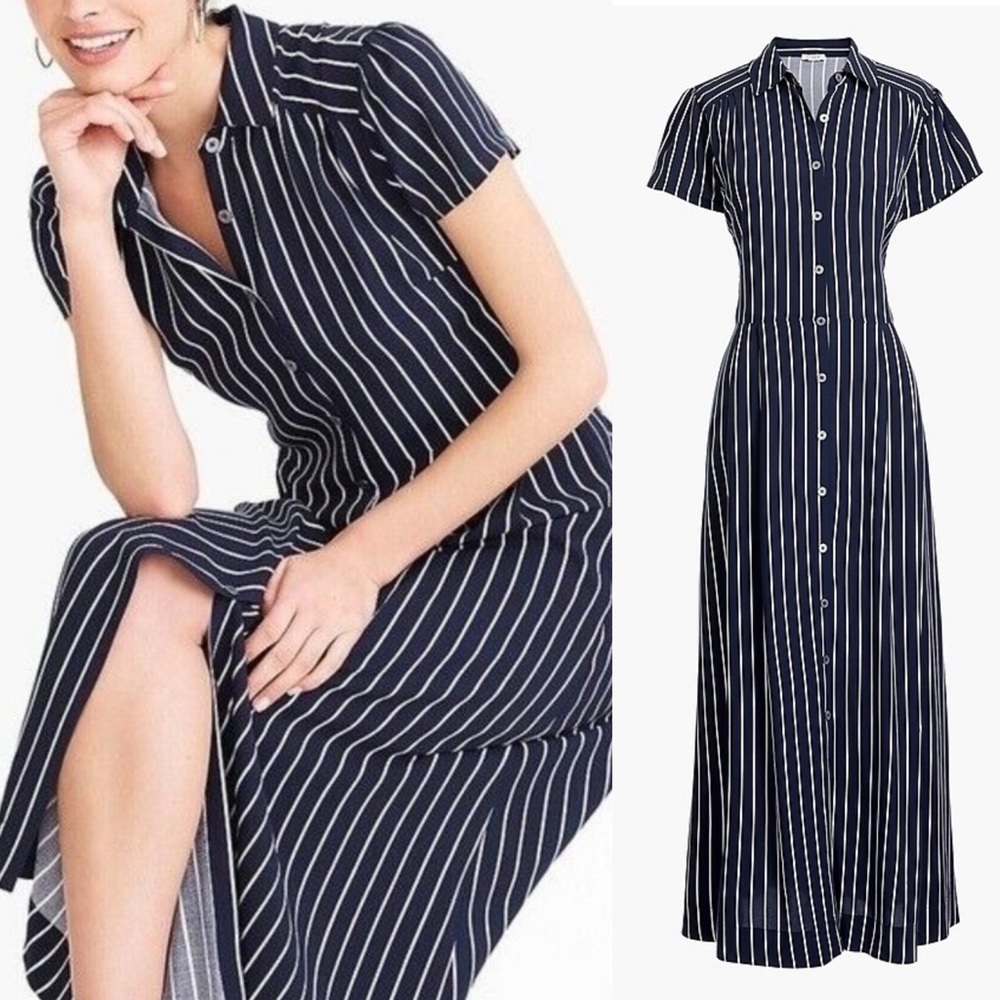J. CREW Navy Blue and White Striped Maxi Dress Size Large